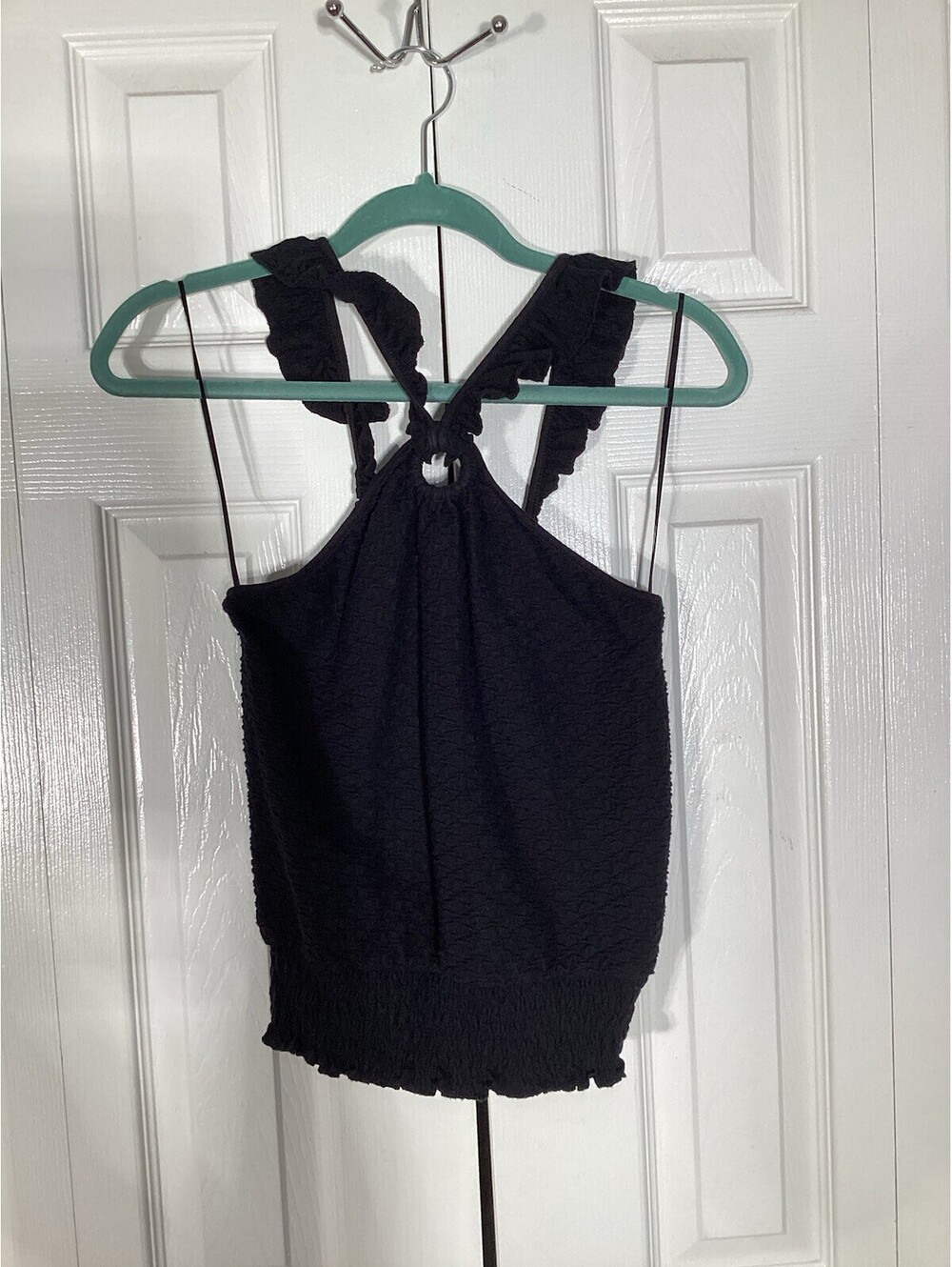Women XS Anthropologie Marisol Ruffled Halter Blouse Black Tank Top Smocked